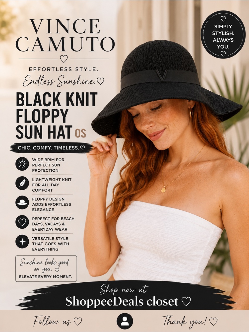 Vince Camuto Black Knit Floppy Sun Hat OS